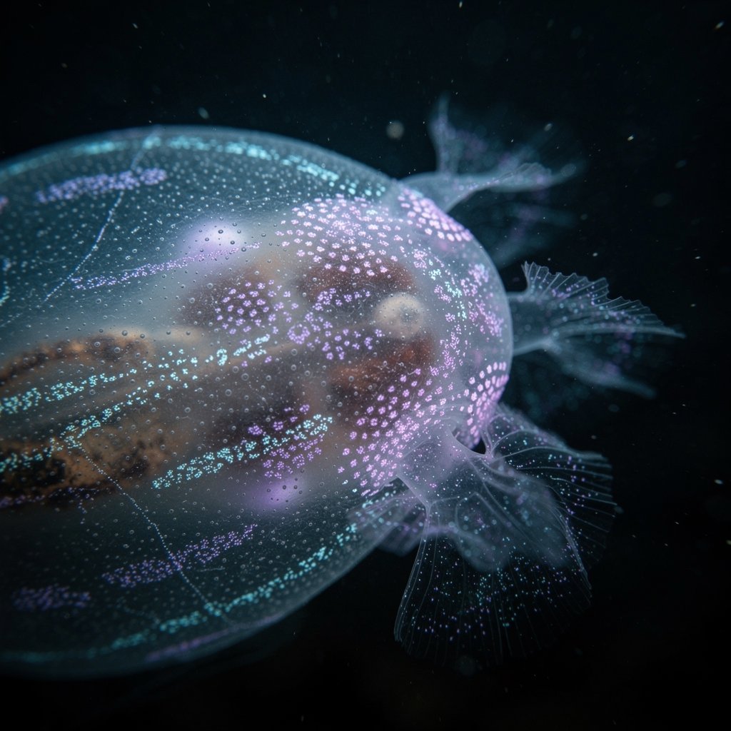 Close-up of a deep sea creature glowing with violet and cyan bioluminescent spots, dark abyss background, macro underwater photography, luminous details, ethereal