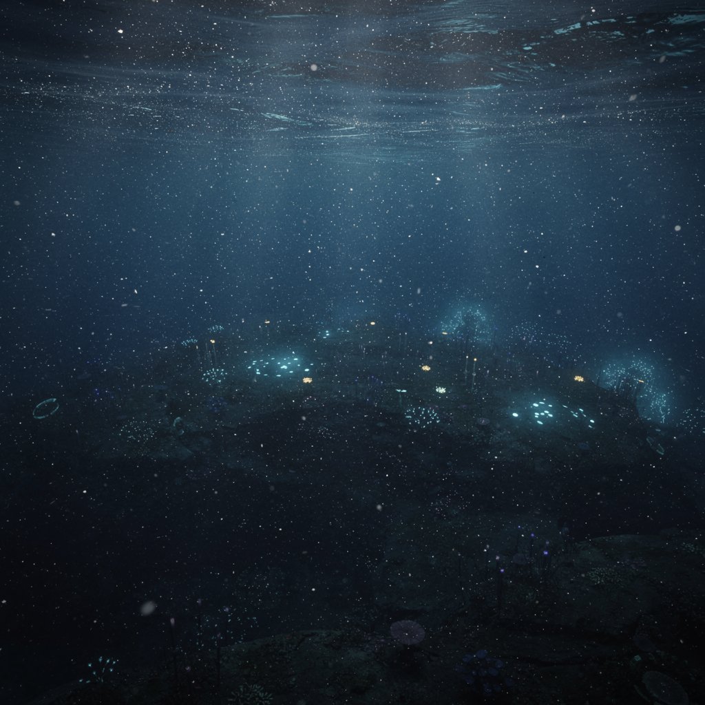Atmospheric deep sea scene with marine snow, white organic particles falling like snow in dark blue water, bioluminescent glow in background, photorealistic, cinematic, ethereal