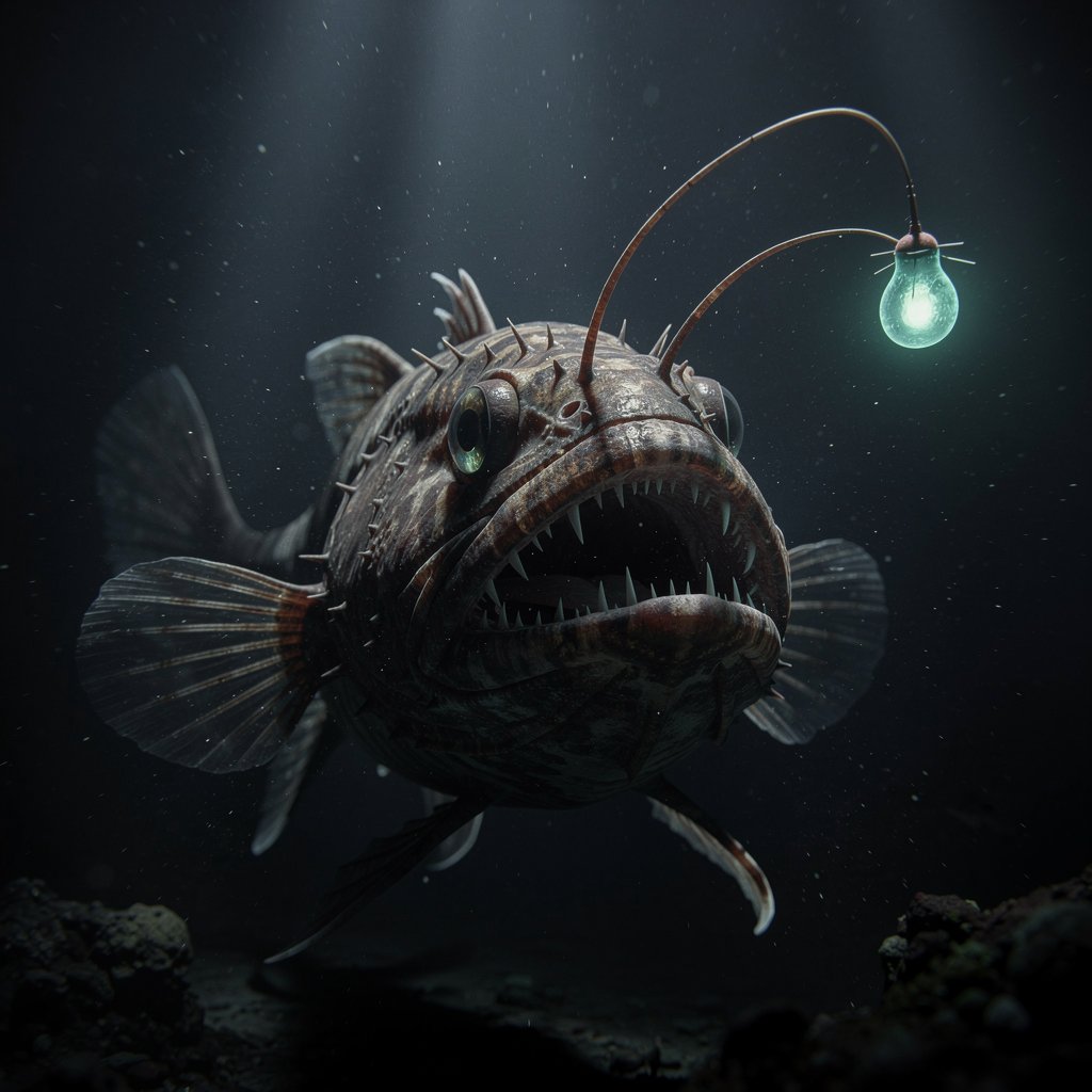 Deep sea anglerfish with glowing lure on head, bioluminescent light, dark ocean, photorealistic underwater, dramatic