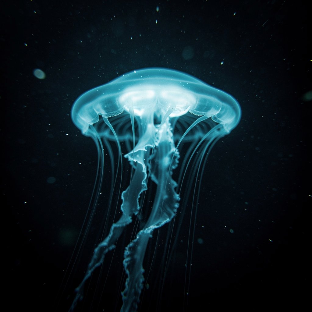Glowing deep sea jellyfish, cyan bioluminescence, long translucent tentacles, dark abyss, macro underwater photo, ethereal glow