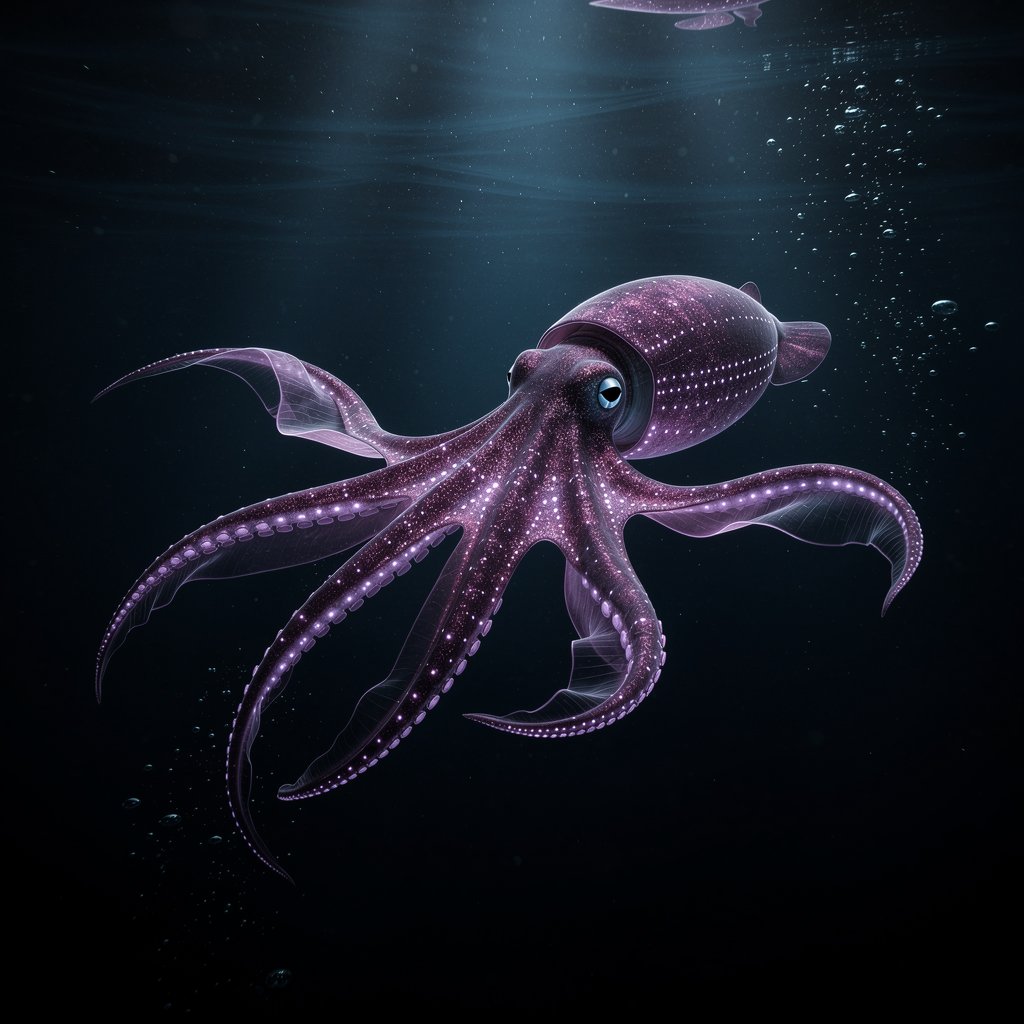 Deep sea vampire squid with glowing photophores, violet bioluminescence, dark abyss, cinematic underwater photography