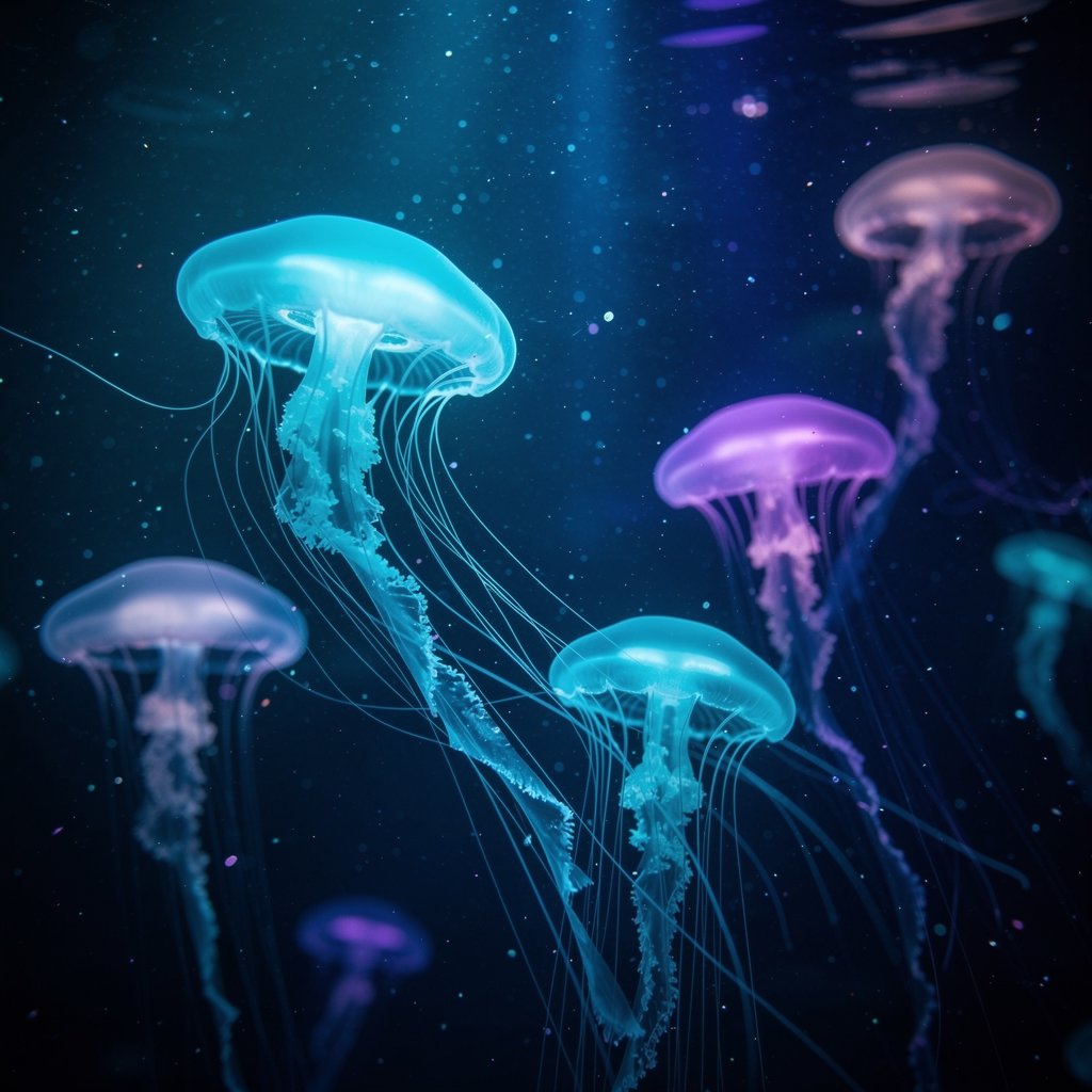 Bioluminescent jellyfish glowing cyan and violet in deep dark ocean, long luminous tentacles, floating glowing plankton, dark blue background, cinematic underwater photography, ethereal, high detail